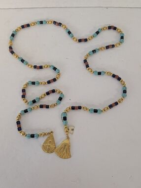 VINTAGE I.Magnin Turquoise & Navy Beaded Egyptian Pendant Necklace  Split Style